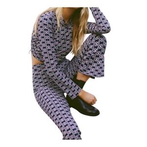Zara Kick‎ Flare Crop Pants Purple Geometric Print Retro Style Extra Large XL